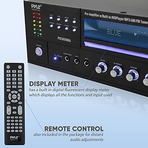 Pyle amplifier with display meter and remote control.