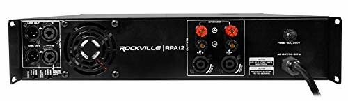 Back panel view of a Rockville RPA12 amplifier with various input and output connections